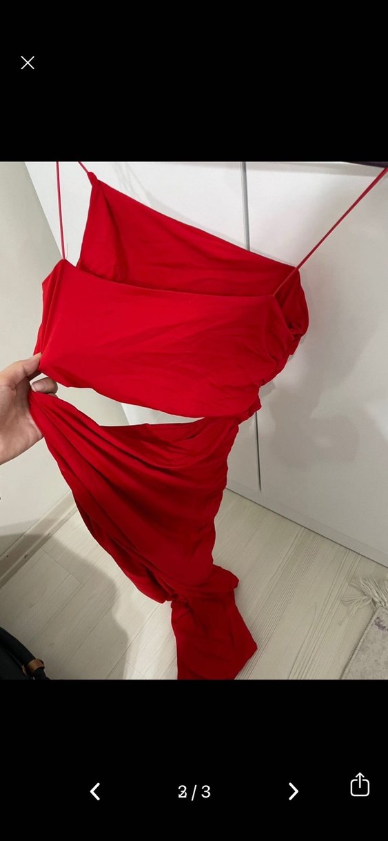 Uzun, Drapeli Kırmızı Straplez Elbise - Görsel 2