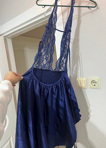 Lacivert Dantel Detaylı Midi Kadın Gecelik - Görsel 4