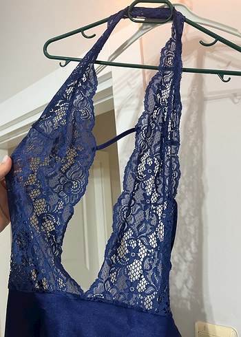 Lacivert Dantel Detaylı Midi Kadın Gecelik - Görsel 3