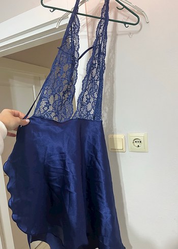 Lacivert Dantel Detaylı Midi Kadın Gecelik - Görsel 2