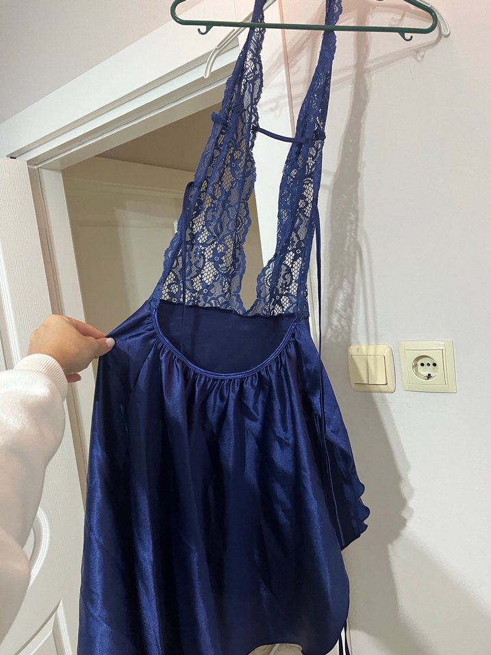 Lacivert Dantel Detaylı Midi Kadın Gecelik - Görsel 4