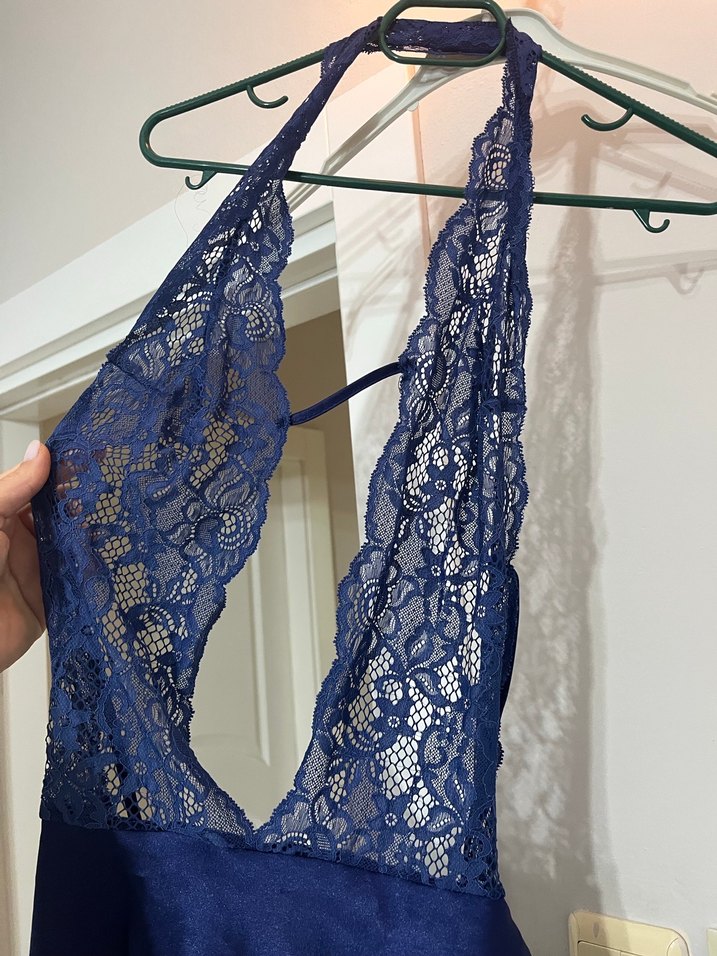 Lacivert Dantel Detaylı Midi Kadın Gecelik - Görsel 3