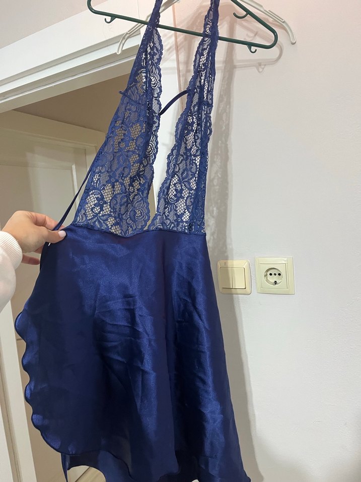 Lacivert Dantel Detaylı Midi Kadın Gecelik - Görsel 2