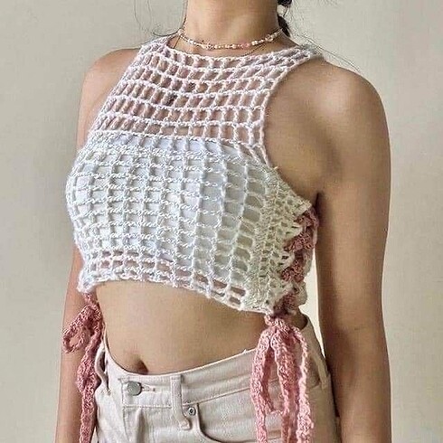 Tığ işi Örgü file kısa üst crop top
