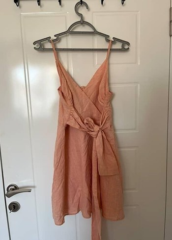 Pembe Keten Midi Elbise Drapeli ve Askılı
