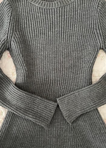 Gri Fitilli Uzun Kollu Triko Elbise - Görsel 3