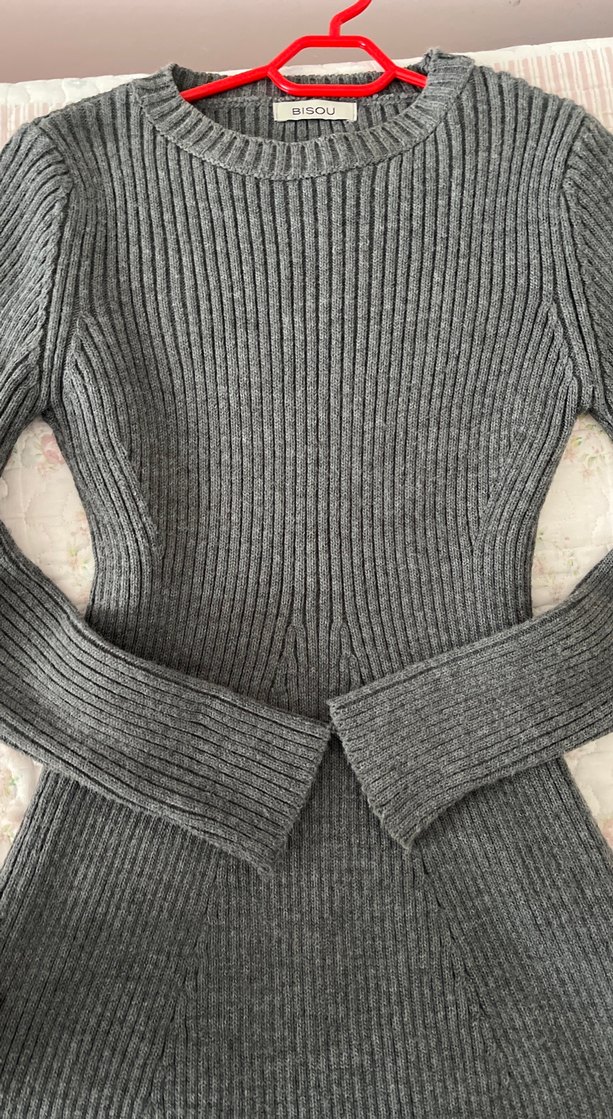 Gri Fitilli Uzun Kollu Triko Elbise - Görsel 3