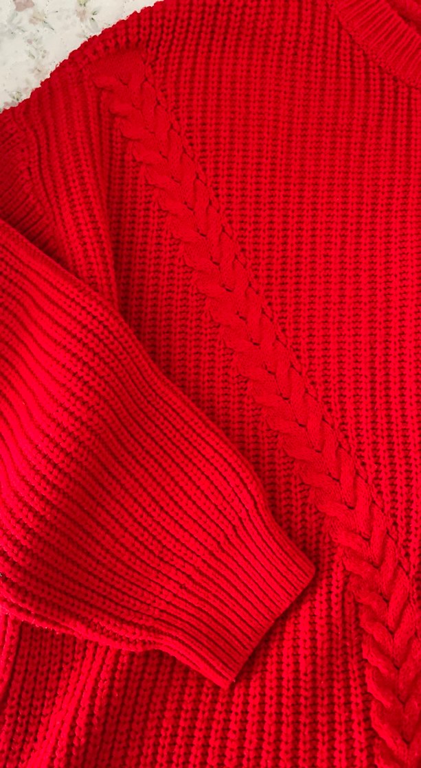 Kırmızı Rahat Örgü Kadın Kazak - Görsel 3