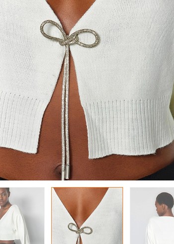 Düğmeli V Yakalı Beyaz Denim Bluz - Görsel 3