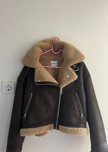 Bershka Berskha Koyu Kahverengi Kurklu Biker Ceket