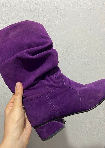 Mor Süet Tokalı Diz Boyu Kadın Çizme - Görsel 4