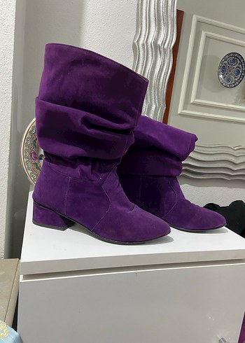 Mor Süet Tokalı Diz Boyu Kadın Çizme - Görsel 3