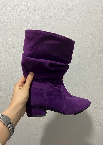 Mor Süet Tokalı Diz Boyu Kadın Çizme - Görsel 2