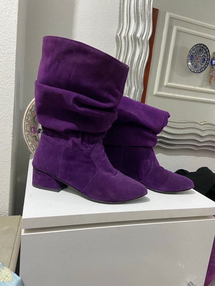 Mor Süet Tokalı Diz Boyu Kadın Çizme - Görsel 3