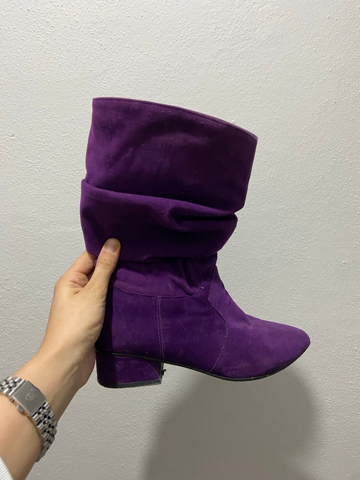 Mor Süet Tokalı Diz Boyu Kadın Çizme - Görsel 2