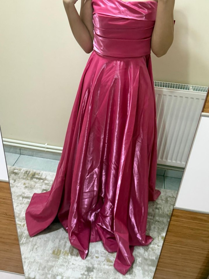 Pembe Parlak Uzun Straplez Abiye Elbise - Görsel 2