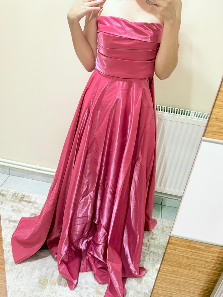 Pembe Parlak Uzun Straplez Abiye Elbise - Görsel 4