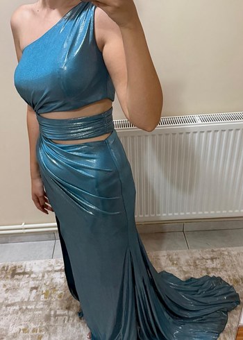 Mavi Drapeli Uzun Abiye Elbise - Görsel 2