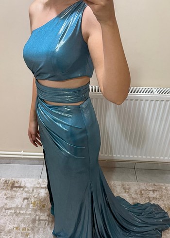 Mavi Drapeli Uzun Abiye Elbise - Görsel 3