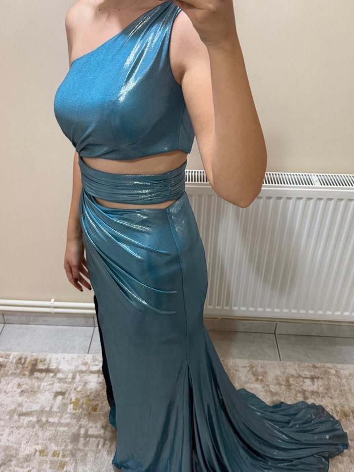 Mavi Drapeli Uzun Abiye Elbise - Görsel 3