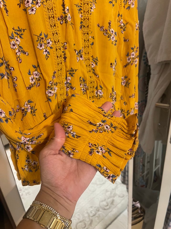 Sarı Çiçek Desenli Bohem Kadın Bluz - Görsel 5
