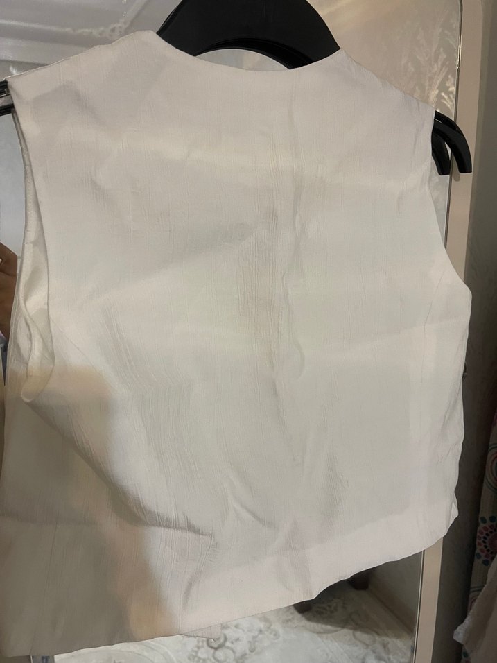 V Yaka Beyaz Keten Kadın Yelek - Görsel 3