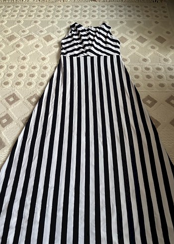 Kolsuz V Yaka lacivert Beyaz Çizgili Uzun Elbise - Görsel 7