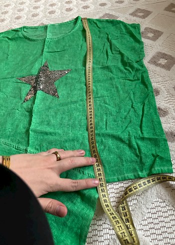 Yeşil Kadın Keten Tişört, Payet Yıldız Detaylı - Görsel 6