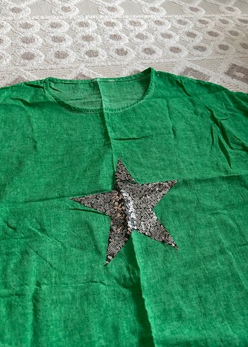Yeşil Kadın Keten Tişört, Payet Yıldız Detaylı - Görsel 2