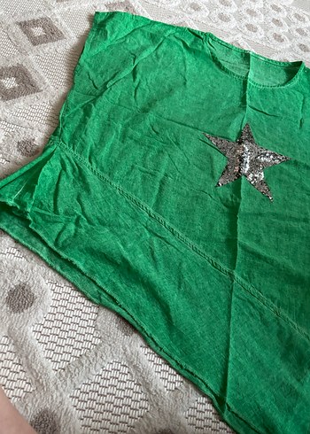 Yeşil Kadın Keten Tişört, Payet Yıldız Detaylı - Görsel 4