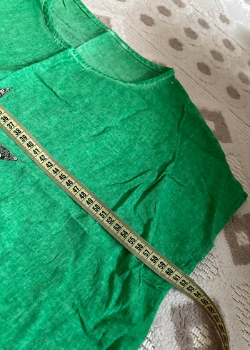 Yeşil Kadın Keten Tişört, Payet Yıldız Detaylı - Görsel 5