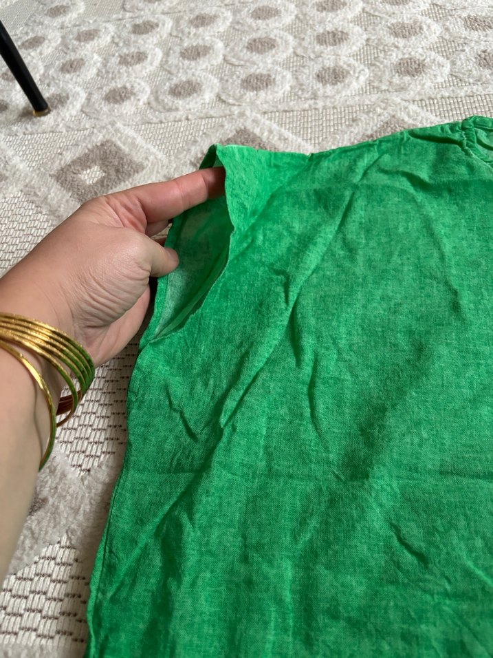 Yeşil Kadın Keten Tişört, Payet Yıldız Detaylı - Görsel 3