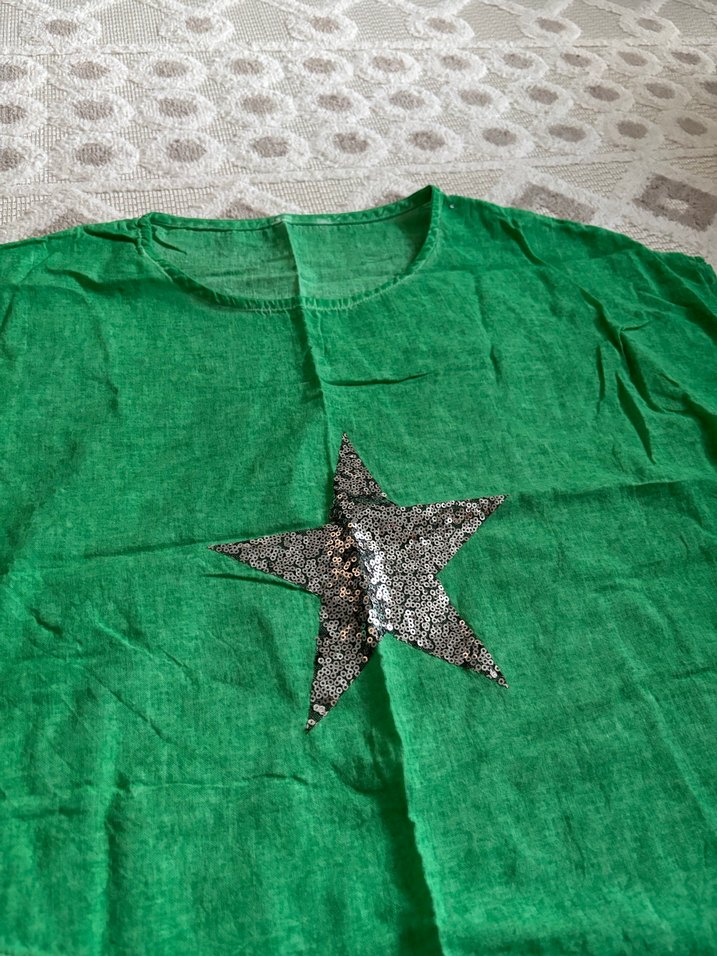 Yeşil Kadın Keten Tişört, Payet Yıldız Detaylı - Görsel 2