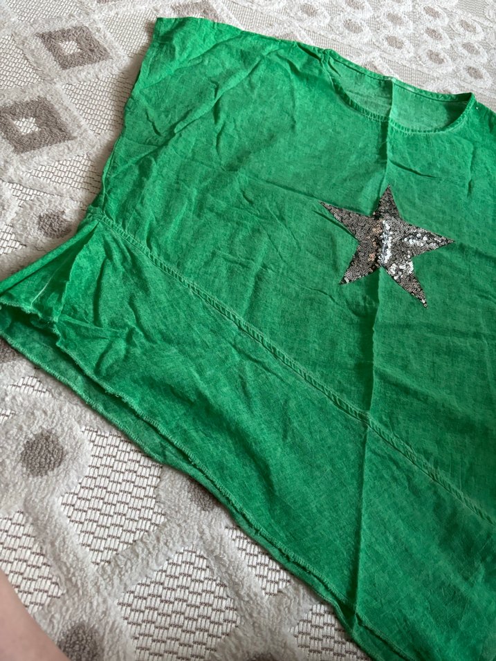 Yeşil Kadın Keten Tişört, Payet Yıldız Detaylı - Görsel 4