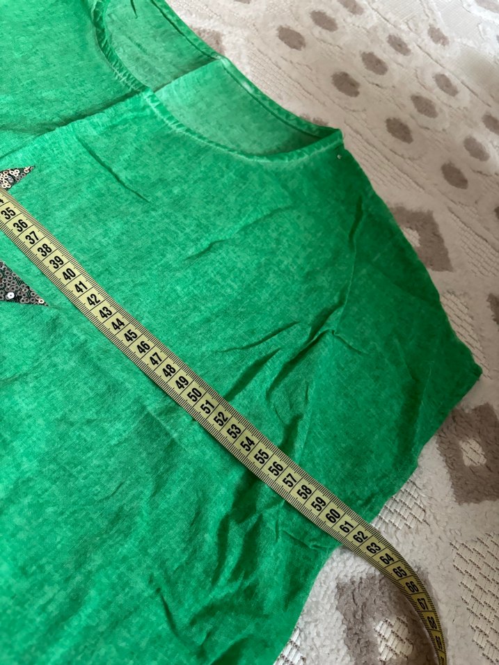 Yeşil Kadın Keten Tişört, Payet Yıldız Detaylı - Görsel 5