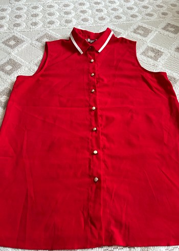 Kolsuz Düğmeli Kırmızı Kadın Gömlek - Görsel 2