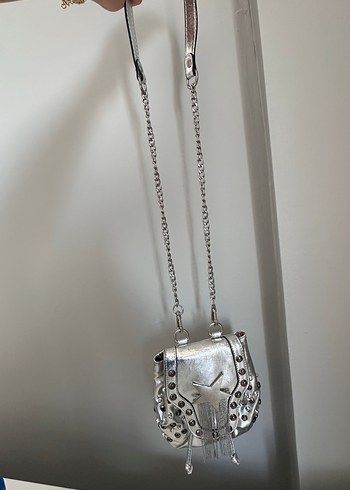 Gri Parlak Zincir Detaylı Rock Punk Sırt Çantası - Görsel 7