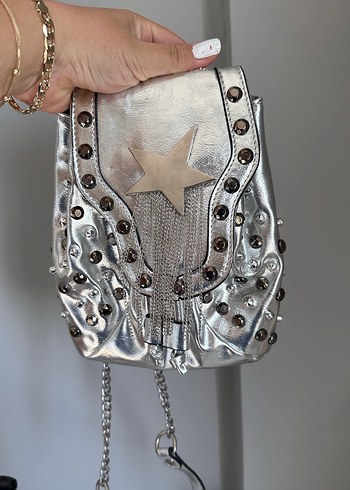 Gri Parlak Zincir Detaylı Rock Punk Sırt Çantası - Görsel 2
