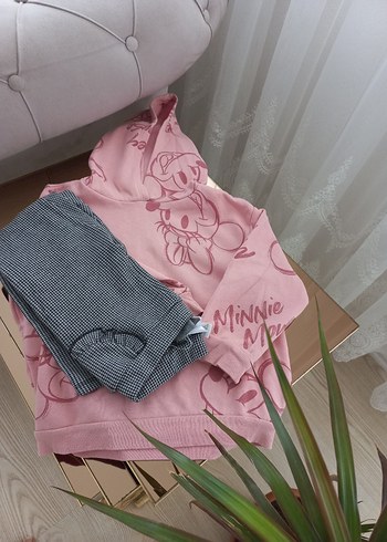 Minnie Mouse Desenli Pembe Kapüşonlu Takım