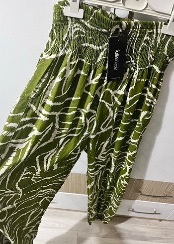 xxl Beden Yeşil Batik Desenli Bohem Kadın Pantolon altı lastikli