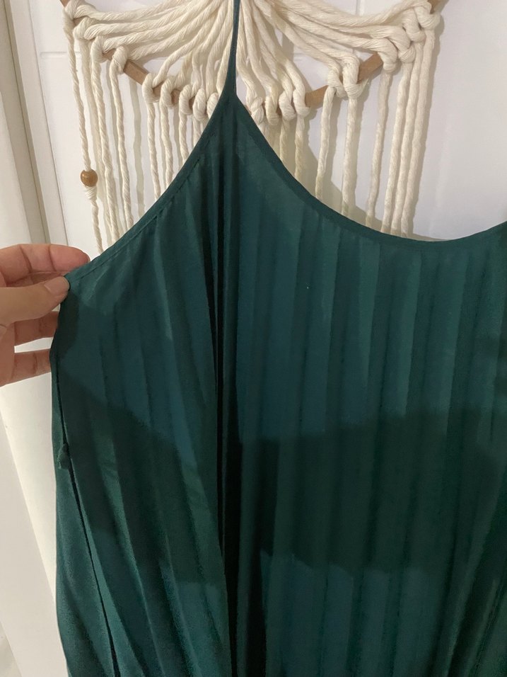 Yeşil Pilili Uzun Askılı Kadın Elbise - Görsel 3