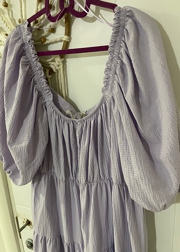 Uzun lila beli lastikli Elbise - Görsel 5