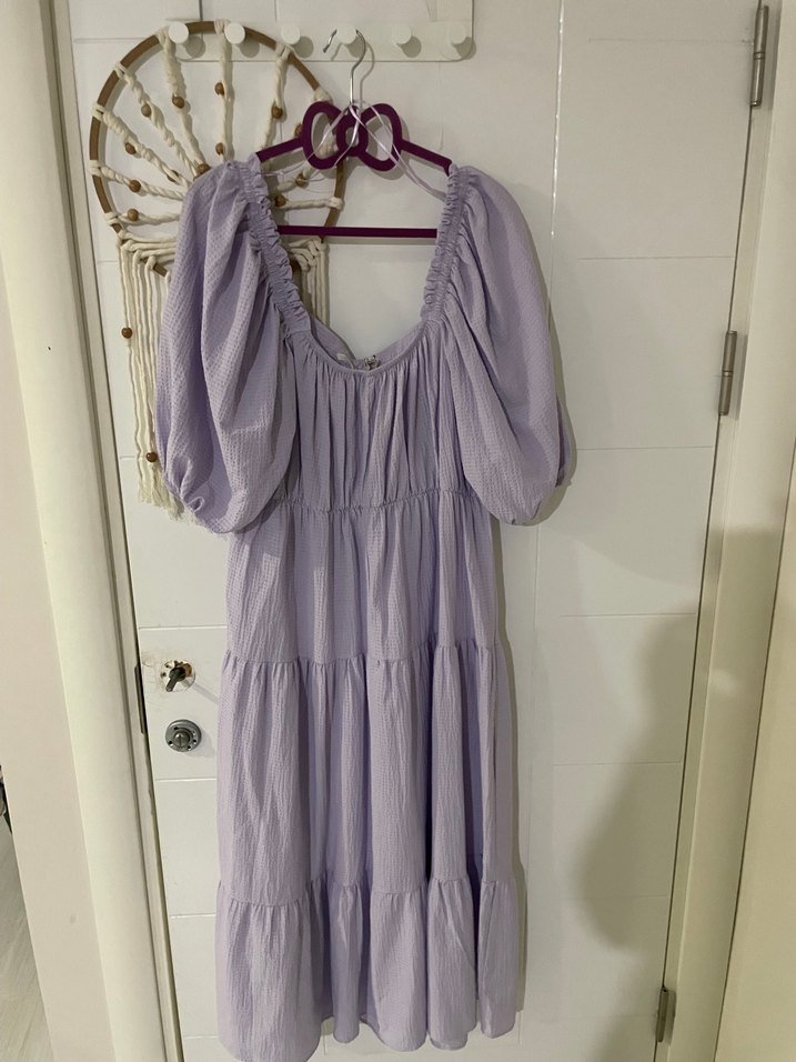 Uzun lila beli lastikli Elbise - Görsel 4