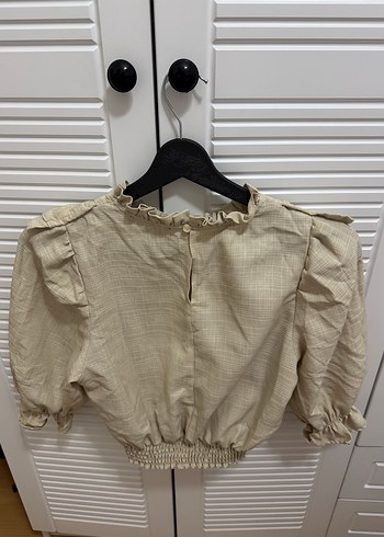 Bej Keten Volanlı Bohem Kadın Bluz - Görsel 3