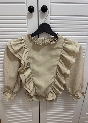 Bej Keten Volanlı Bohem Kadın Bluz - Görsel 2