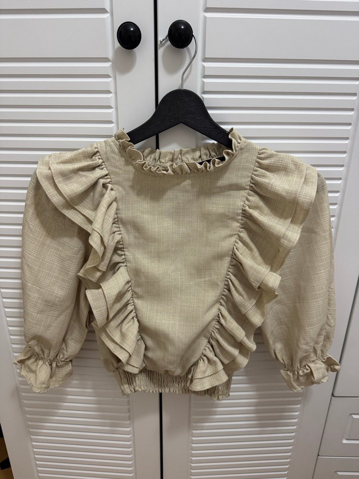 Bej Keten Volanlı Bohem Kadın Bluz - Görsel 2