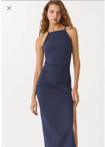 Stradivarius Lacivert İnce Askili Maxi Elbise