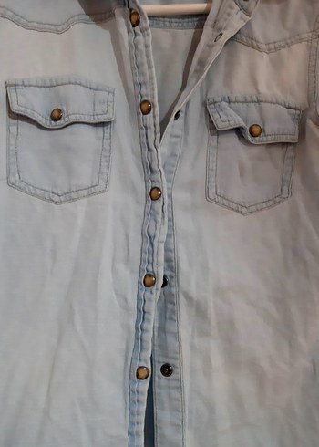 s Beden Mavi Düğmeli Uzun Kollu Denim Gömlek