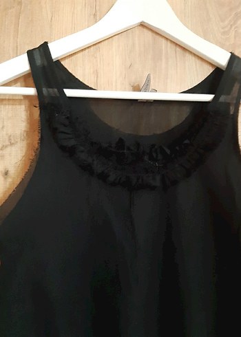 Topshop Siyah Midi Boy Kolsuz Fırfırlı Elbise