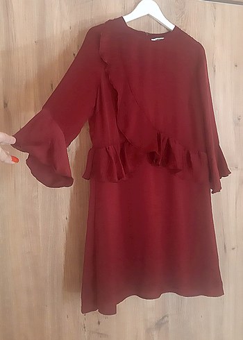 Bordo Midi Bohem Fırfırlı Kadın Elbise